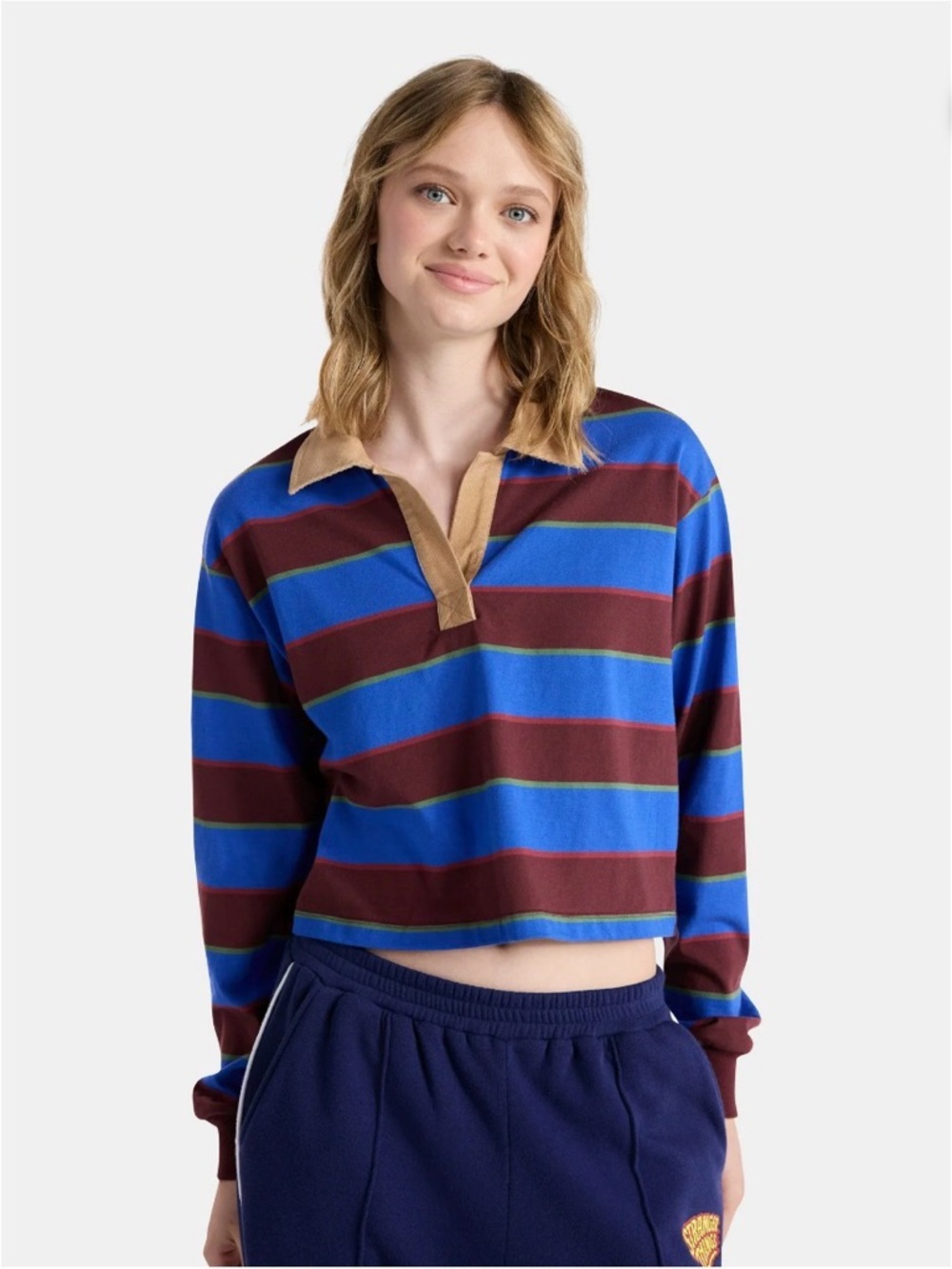 New! Stranger Things No Boundaries Striped Long Sleeve Cropped Rugby Polo Shirt - Picture 1 of 12